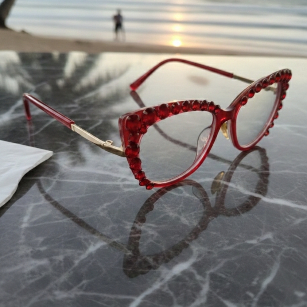 Women's Bling Cat Eye Readers Red Rhinestones AB Reading Glasses Black +1.50 - Picture 5 of 8